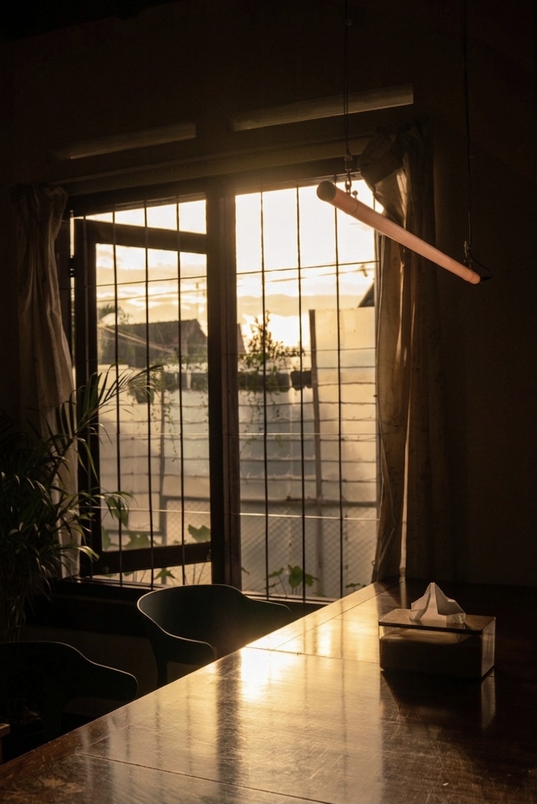 Golden-hour window with garden view