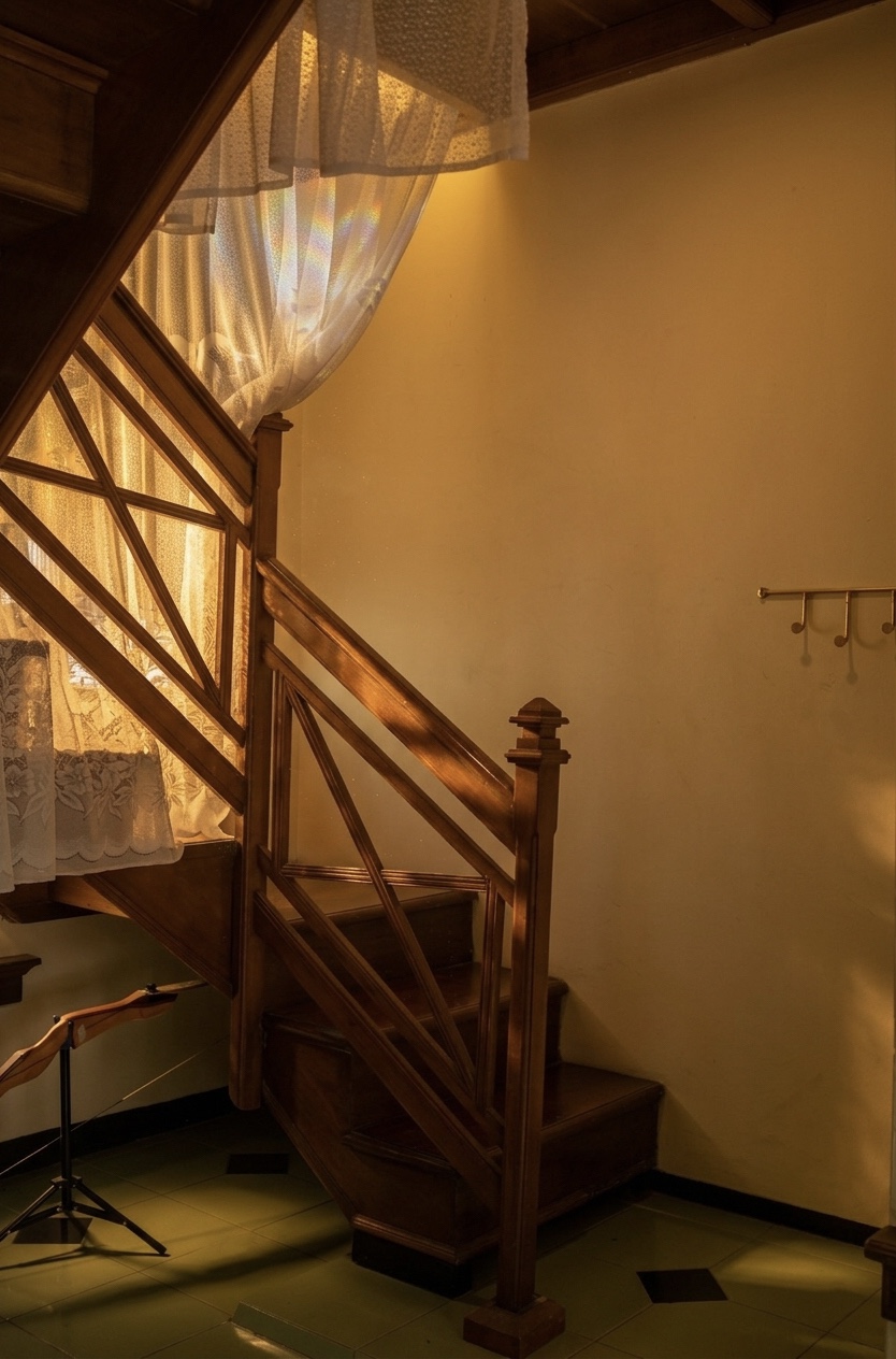 Heritage wooden staircase with lace curtain